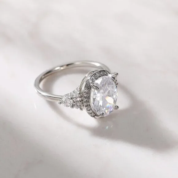 ▶Beautiful Noble Oval Pure CZ Macro Pave Silver Wedding Luxury Rings, K936